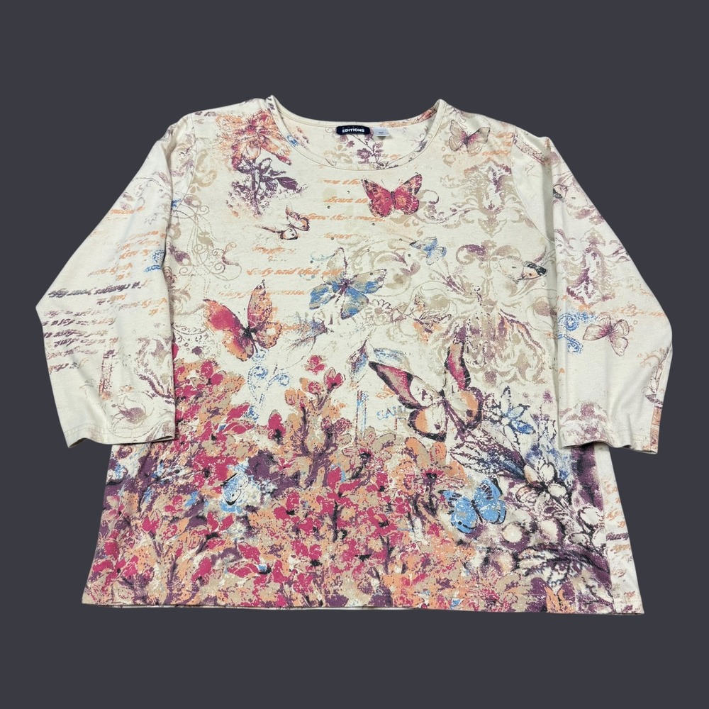 Vintage 2000s Y2k Basic Editions Butterfly Multicolor 3/4 Sleeve Shirt Womens XL